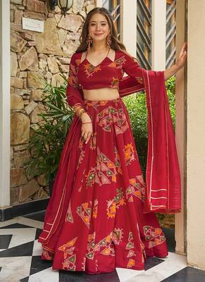Red Digital Print Silk lehenga choli 1