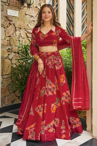 Red Digital Print Silk lehenga choli