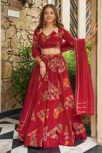 Red Digital Print Silk lehenga choli