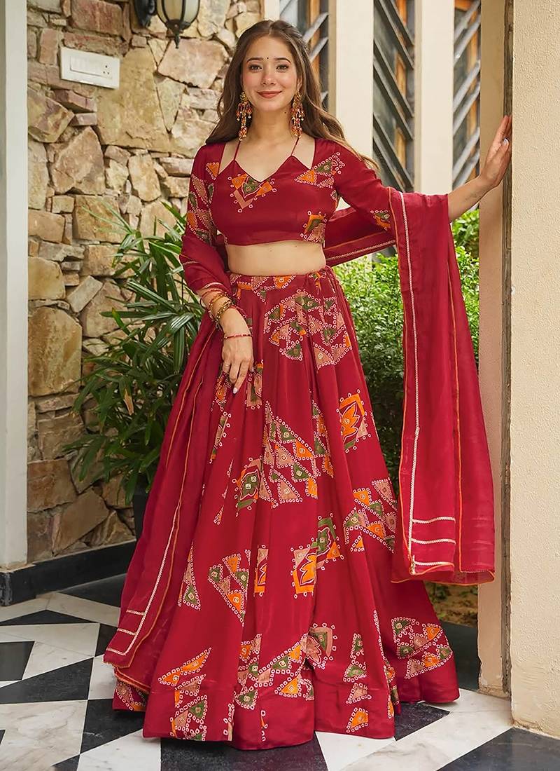 Red Digital Print Silk lehenga choli