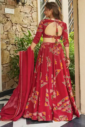 Red Digital Print Silk lehenga choli