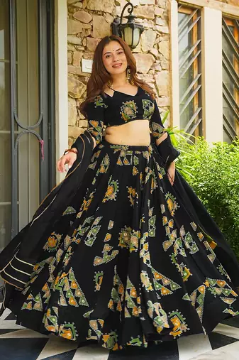 Black Digital Print Silk lehenga choli