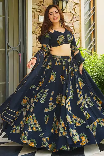 Royal Blue Digital Print Silk lehenga choli