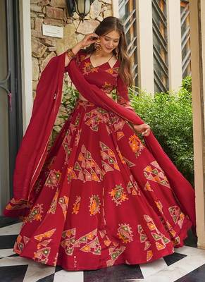 Red Digital Print Silk lehenga choli 3