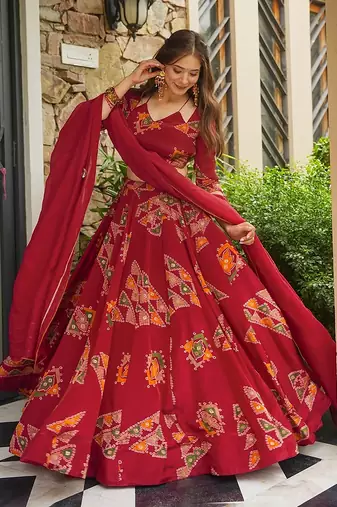 Red Digital Print Silk lehenga choli
