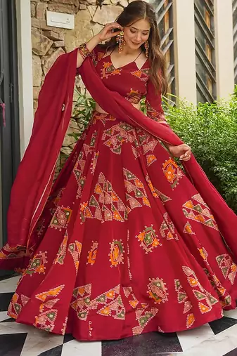 Red Digital Print Silk lehenga choli