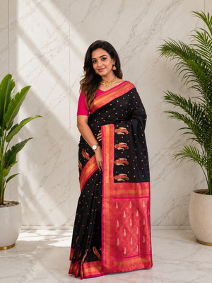 black color contrast weaving pallu and border kanchi weaving buttis on border silk blend saree 1