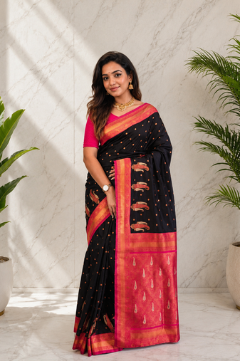 black color contrast weaving pallu and border kanchi weaving buttis on border silk blend saree