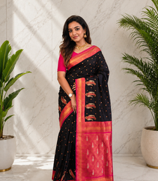 black color contrast weaving pallu and border kanchi weaving buttis on border silk blend saree