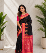 black color contrast weaving pallu and border kanchi weaving buttis on border silk blend saree
