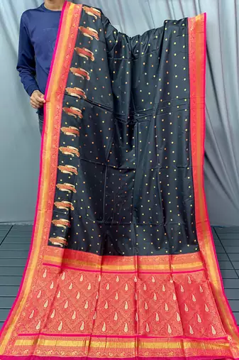 black color contrast weaving pallu and border kanchi weaving buttis on border silk blend saree