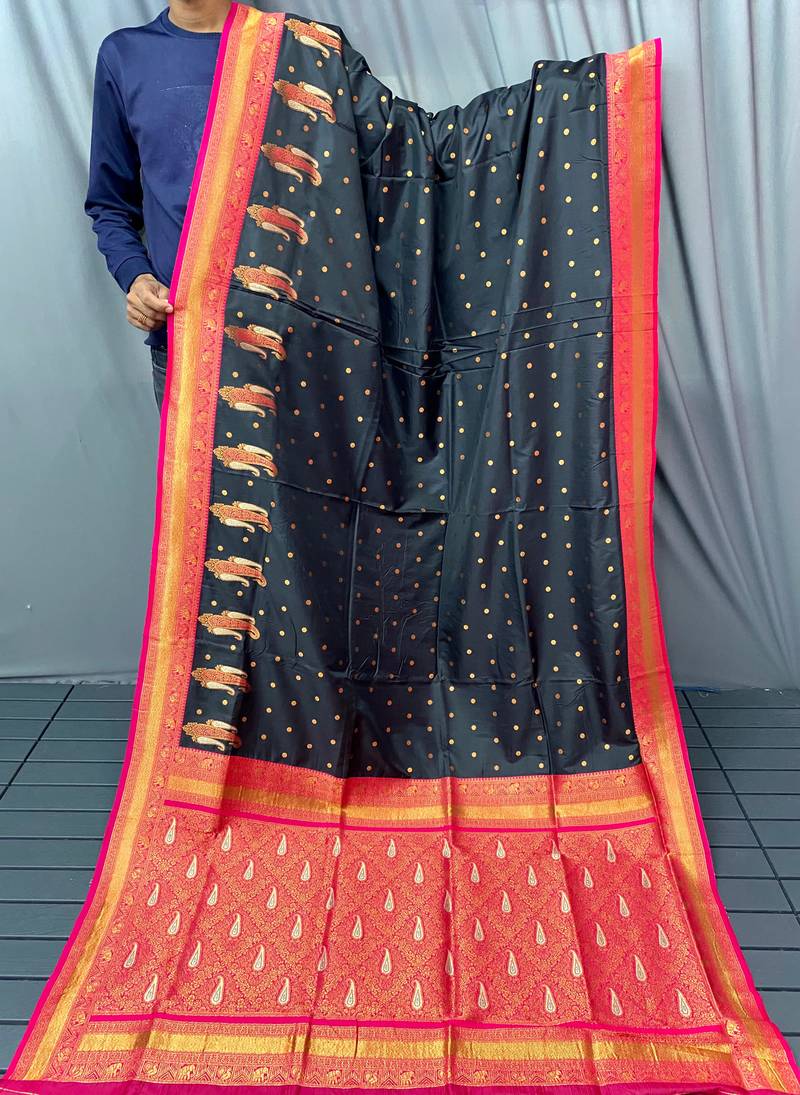 black color contrast weaving pallu and border kanchi weaving buttis on border silk blend saree