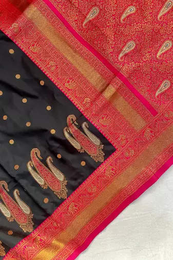 black color contrast weaving pallu and border kanchi weaving buttis on border silk blend saree