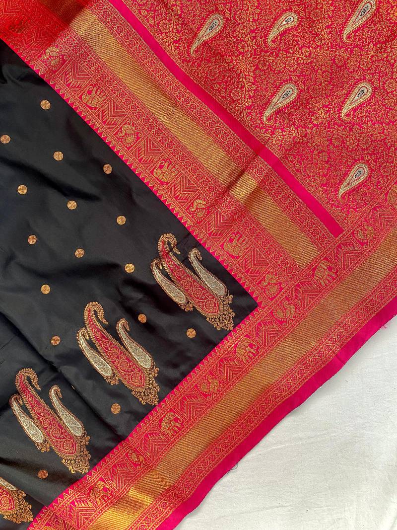black color contrast weaving pallu and border kanchi weaving buttis on border silk blend saree