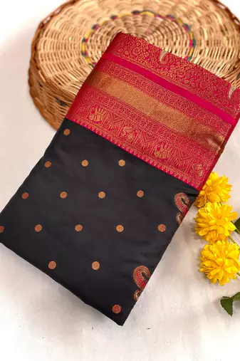 black color contrast weaving pallu and border kanchi weaving buttis on border silk blend saree