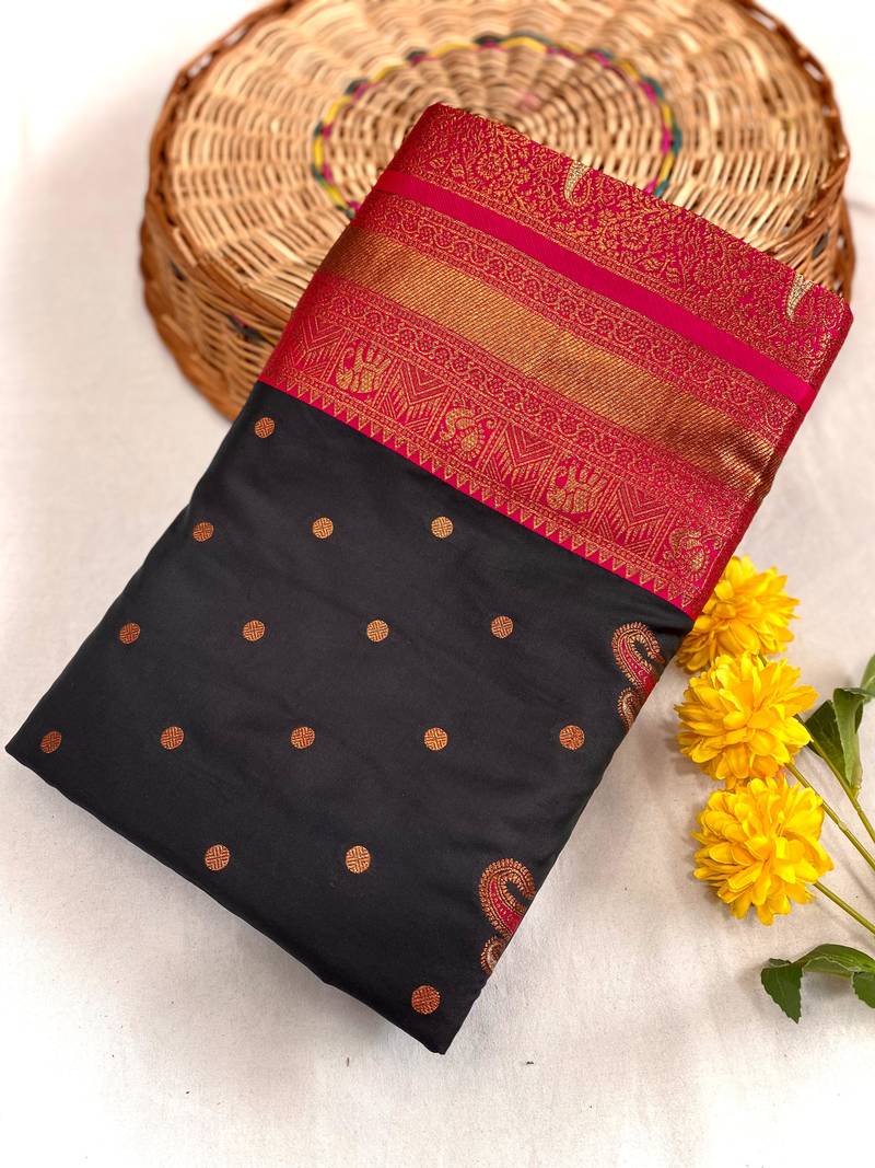black color contrast weaving pallu and border kanchi weaving buttis on border silk blend saree