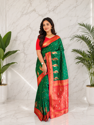 dark green color contrast weaving pallu and border kanchi weaving buttis on border silk blend saree 1