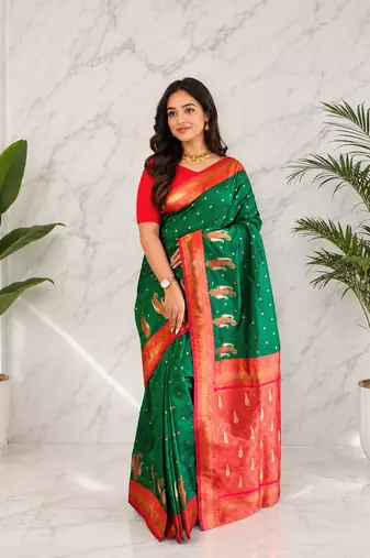 dark green color contrast weaving pallu and border kanchi weaving buttis on border silk blend saree
