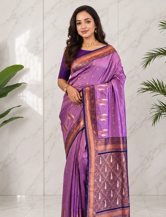 lavender color contrast weaving pallu and border kanchi weaving buttis on border silk blend saree