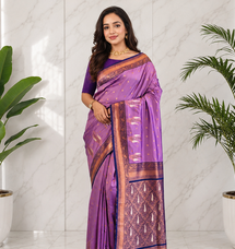 lavender color contrast weaving pallu and border kanchi weaving buttis on border silk blend saree