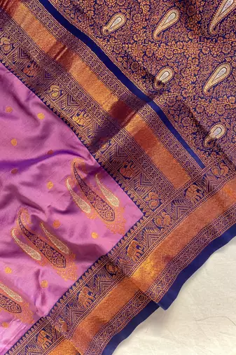 lavender color contrast weaving pallu and border kanchi weaving buttis on border silk blend saree