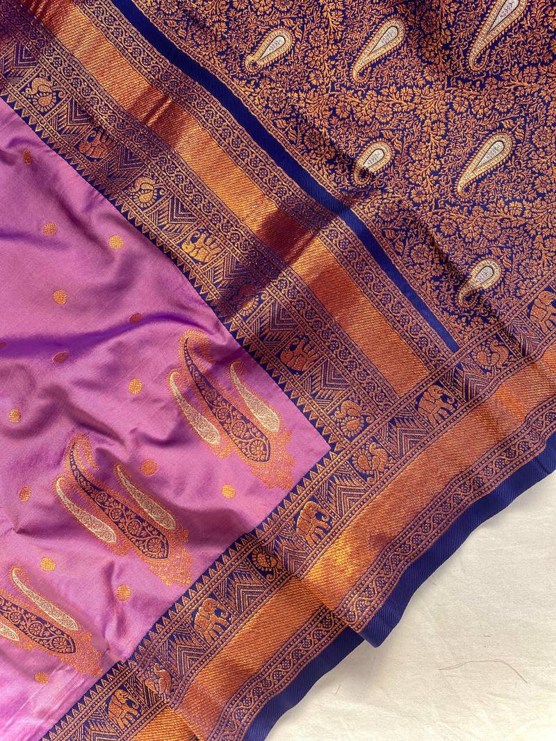 lavender color contrast weaving pallu and border kanchi weaving buttis on border silk blend saree