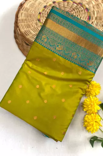 olive green color contrast weaving pallu and border kanchi weaving buttis on border silk blend saree