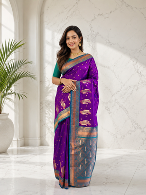 purple color contrast weaving pallu and border kanchi weaving buttis on border silk blend saree 1