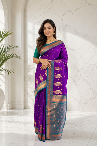 purple color contrast weaving pallu and border kanchi weaving buttis on border silk blend saree