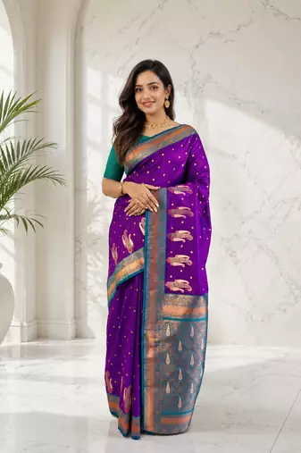 purple color contrast weaving pallu and border kanchi weaving buttis on border silk blend saree