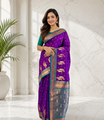 purple color contrast weaving pallu and border kanchi weaving buttis on border silk blend saree