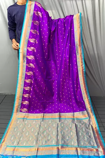 purple color contrast weaving pallu and border kanchi weaving buttis on border silk blend saree