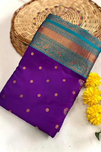 purple color contrast weaving pallu and border kanchi weaving buttis on border silk blend saree