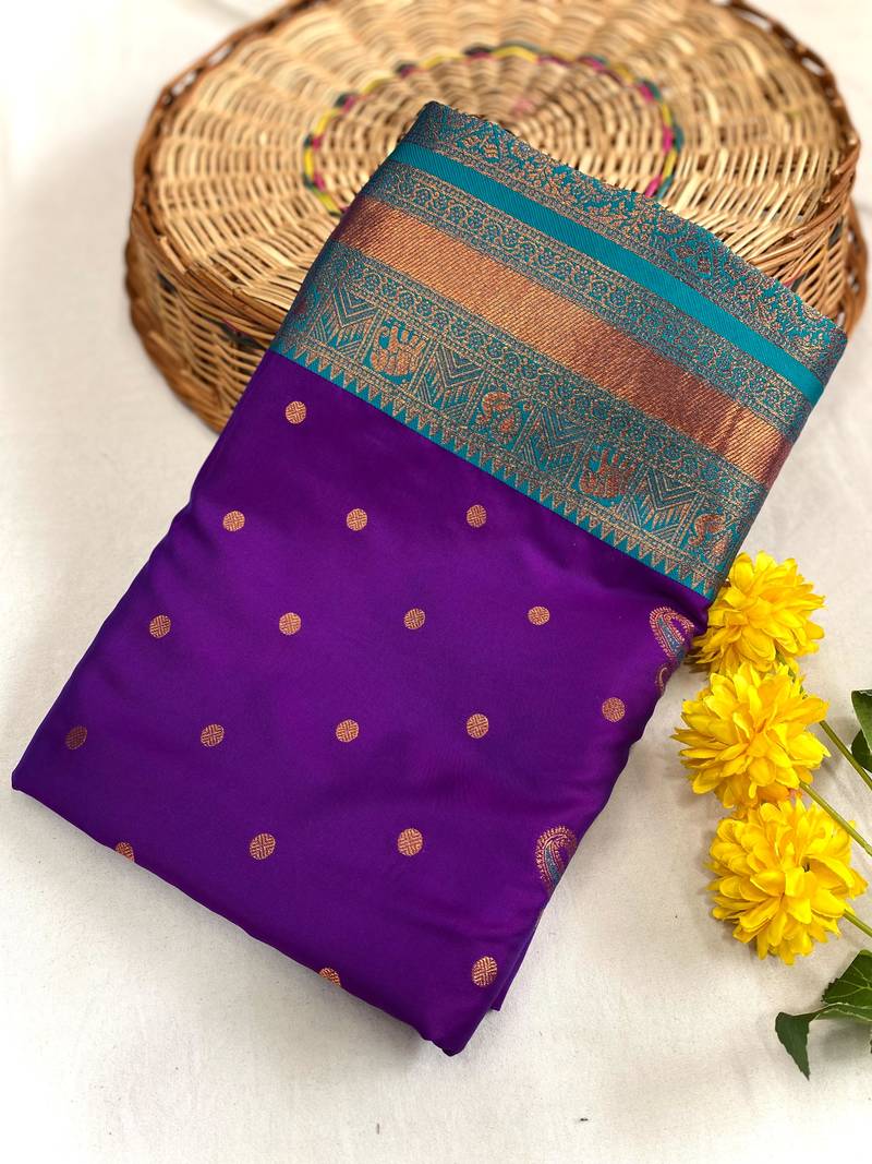 purple color contrast weaving pallu and border kanchi weaving buttis on border silk blend saree
