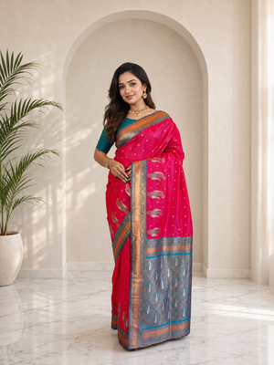 rani pink color contrast weaving pallu and border kanchi weaving buttis on border silk blend saree 1