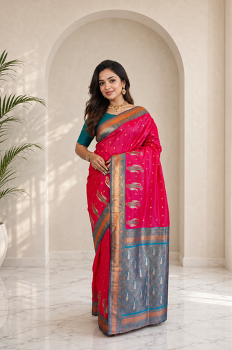rani pink color contrast weaving pallu and border kanchi weaving buttis on border silk blend saree