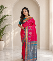 rani pink color contrast weaving pallu and border kanchi weaving buttis on border silk blend saree