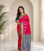 rani pink color contrast weaving pallu and border kanchi weaving buttis on border silk blend saree