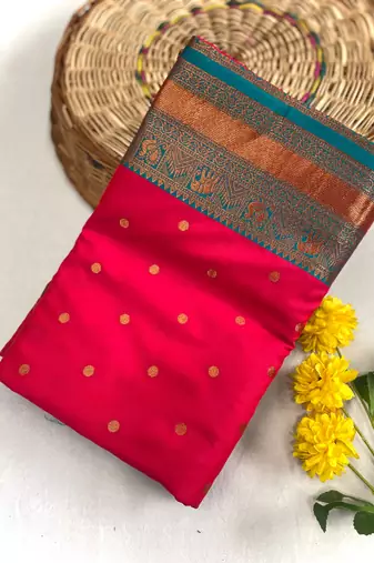 rani pink color contrast weaving pallu and border kanchi weaving buttis on border silk blend saree