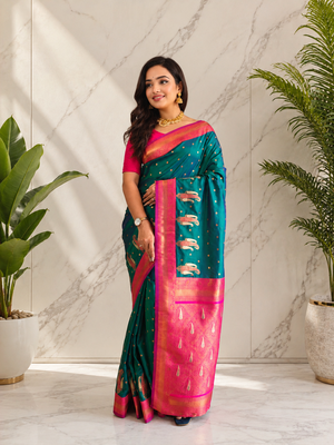 teal color contrast weaving pallu and border kanchi weaving buttis on border silk blend saree 1