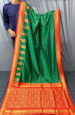 teal color contrast weaving pallu and border kanchi weaving buttis on border silk blend saree 2