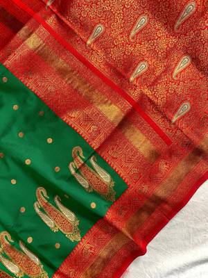 teal color contrast weaving pallu and border kanchi weaving buttis on border silk blend saree 3