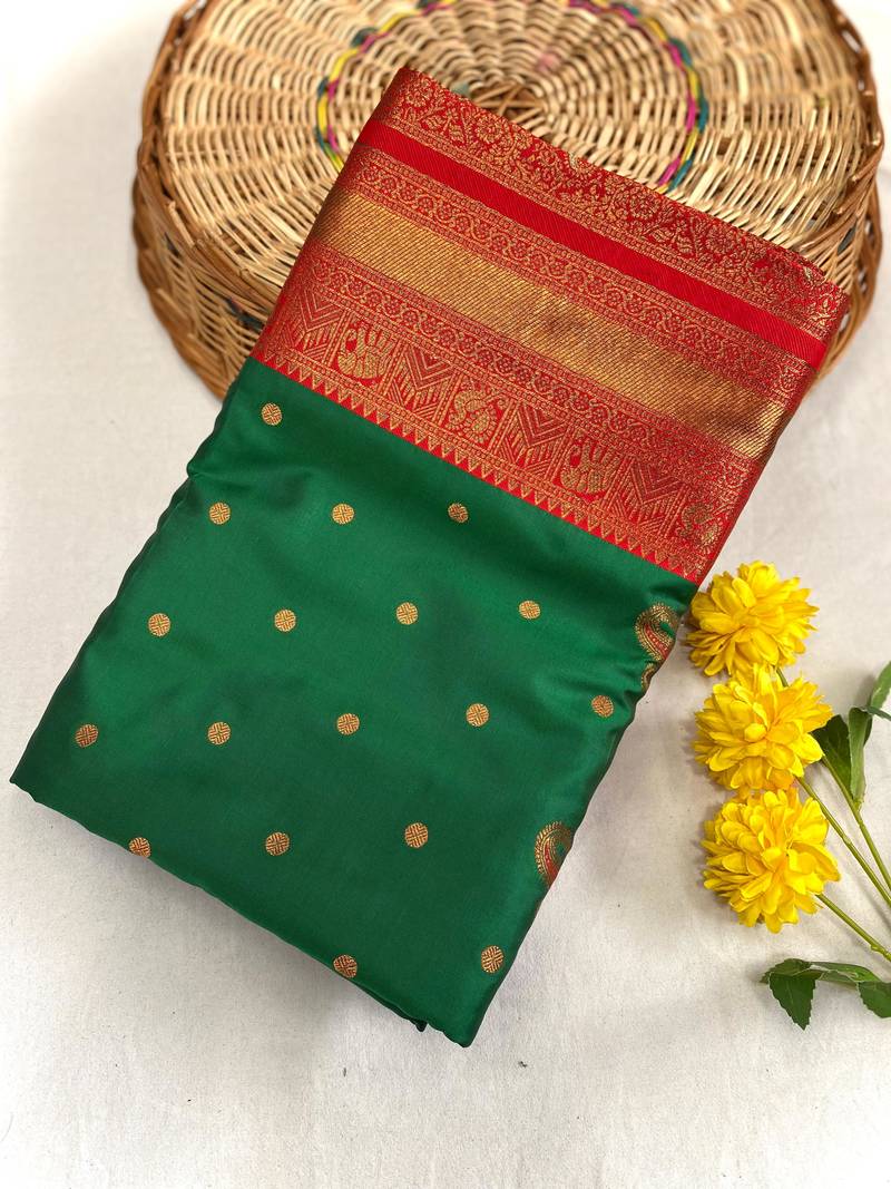 teal color contrast weaving pallu and border kanchi weaving buttis on border silk blend saree