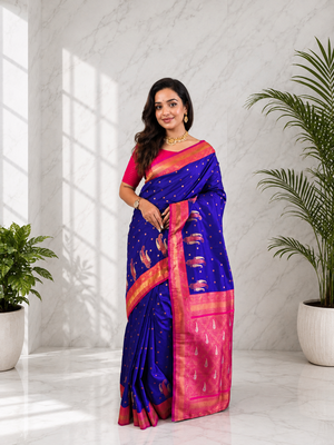 violet color contrast weaving pallu and border kanchi weaving buttis on border silk blend saree 1