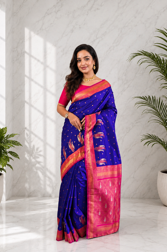violet color contrast weaving pallu and border kanchi weaving buttis on border silk blend saree