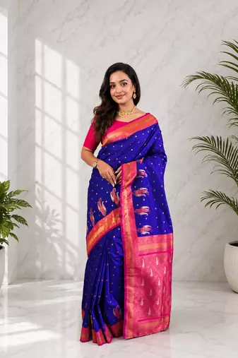 violet color contrast weaving pallu and border kanchi weaving buttis on border silk blend saree