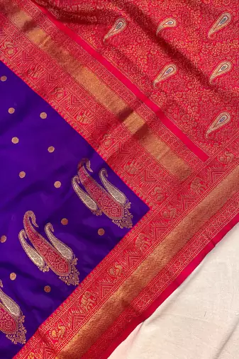 violet color contrast weaving pallu and border kanchi weaving buttis on border silk blend saree