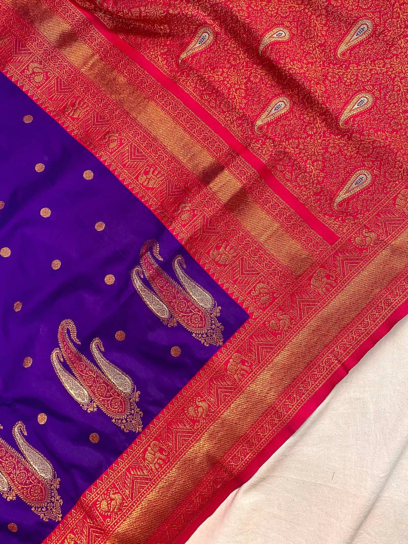 violet color contrast weaving pallu and border kanchi weaving buttis on border silk blend saree