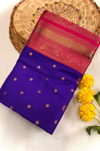 violet color contrast weaving pallu and border kanchi weaving buttis on border silk blend saree