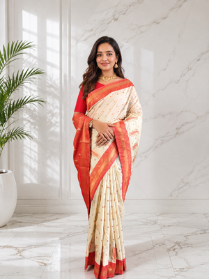 white color contrast weaving pallu and border kanchi weaving buttis on border silk blend saree 1